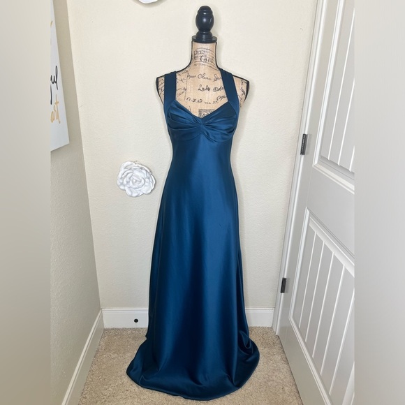 Calvin Klein Dresses & Skirts - Calvin Klein Dark Ocean Blue/Green Satin Halter Formal Gown with Train Sz 10